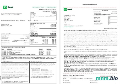 USA TD Bank wyciąg z kredytu hipotecznego w formatach Word i PDF, 3 strony 1-2